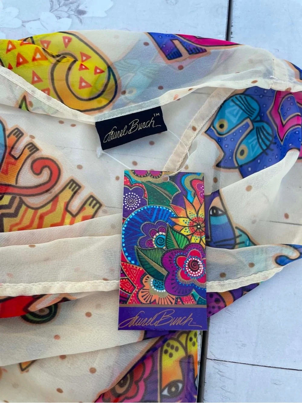 Laurel Burch Cream Scarf with Multicolor Cat Print